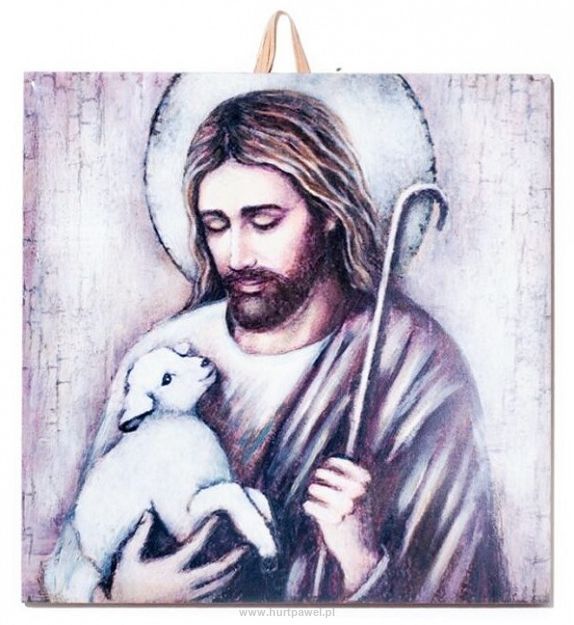 Ikona ceramiczna Pan Jezus z owieczką 15x15 cm