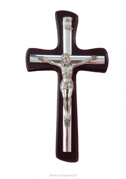 Krzyż drewniany z metalową srebrną pasyjką w kolorze ciemnego brązu 15 cm