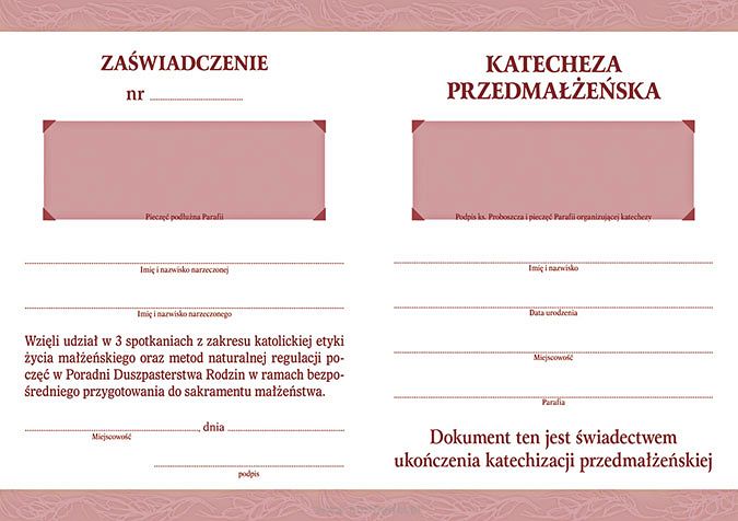 Zaświadczenie dotyczące katechezy przedmałżeńskiej.