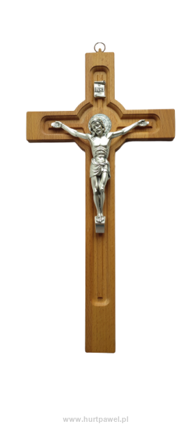 Krzyż drewniany wiszący z metalową pasyjką św, Benedykta 45