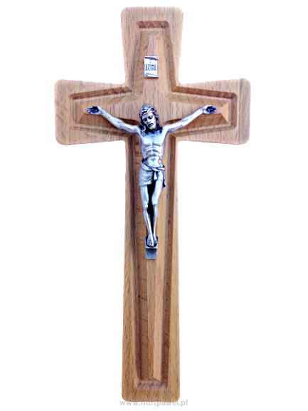 Krzyż drewniany wiszący z metalową pasyjką 25 cm