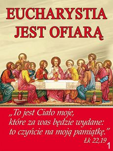 Dekoracja na ołtarz na tkaninie "Eucharystia Jest Ofiarą"