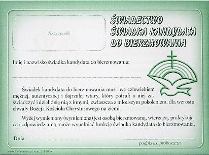 Świadectwo świadka kandydata do bierzmowania - opakowanie 50 szt.