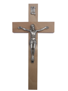 Krzyż drewniany z metalową pasyjką jasny brąz